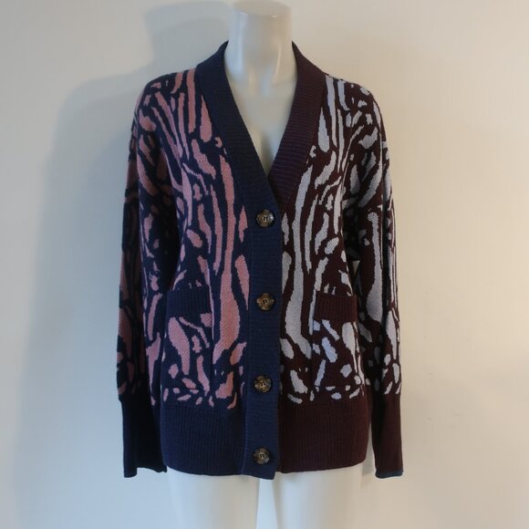 Women Alivia Blue Pink Leopard Alpaca Wool Knit V-Neck Cardigan Sweater L - Picture 6 of 10
